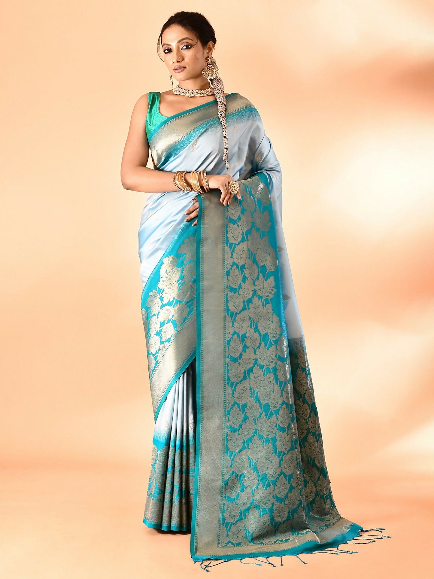 Joban Fashion Sky Blue & Rama Plain With Weaving Border Banarasi Silk Sarees | Swadesiicart