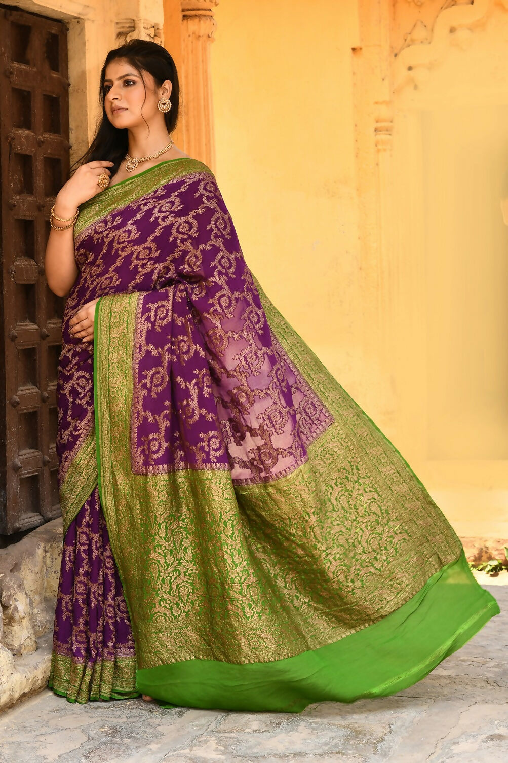 Joban Fashion Purple Crepe Chiffon Pure Handloom Banarasi Silk Saree | Swadesiicart