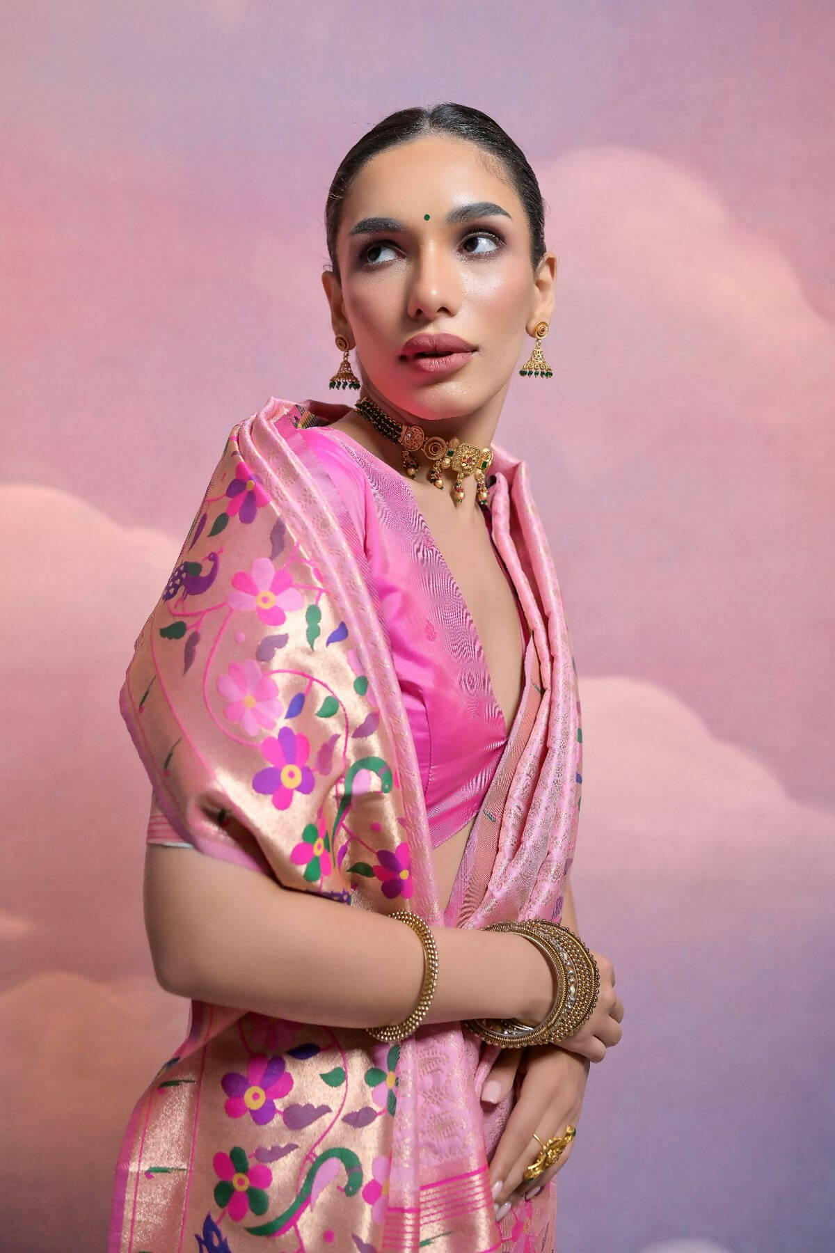 Vishnu Weaves Women's Baby-Pink Paithani Silk Zari Woven Saree with Blouse - Swadesiicart