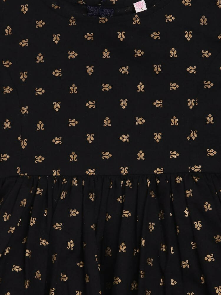 Ahalyaa Black Cotton Gold Print Kids Kurta Sharara Sets For Girls | Swadesiicart