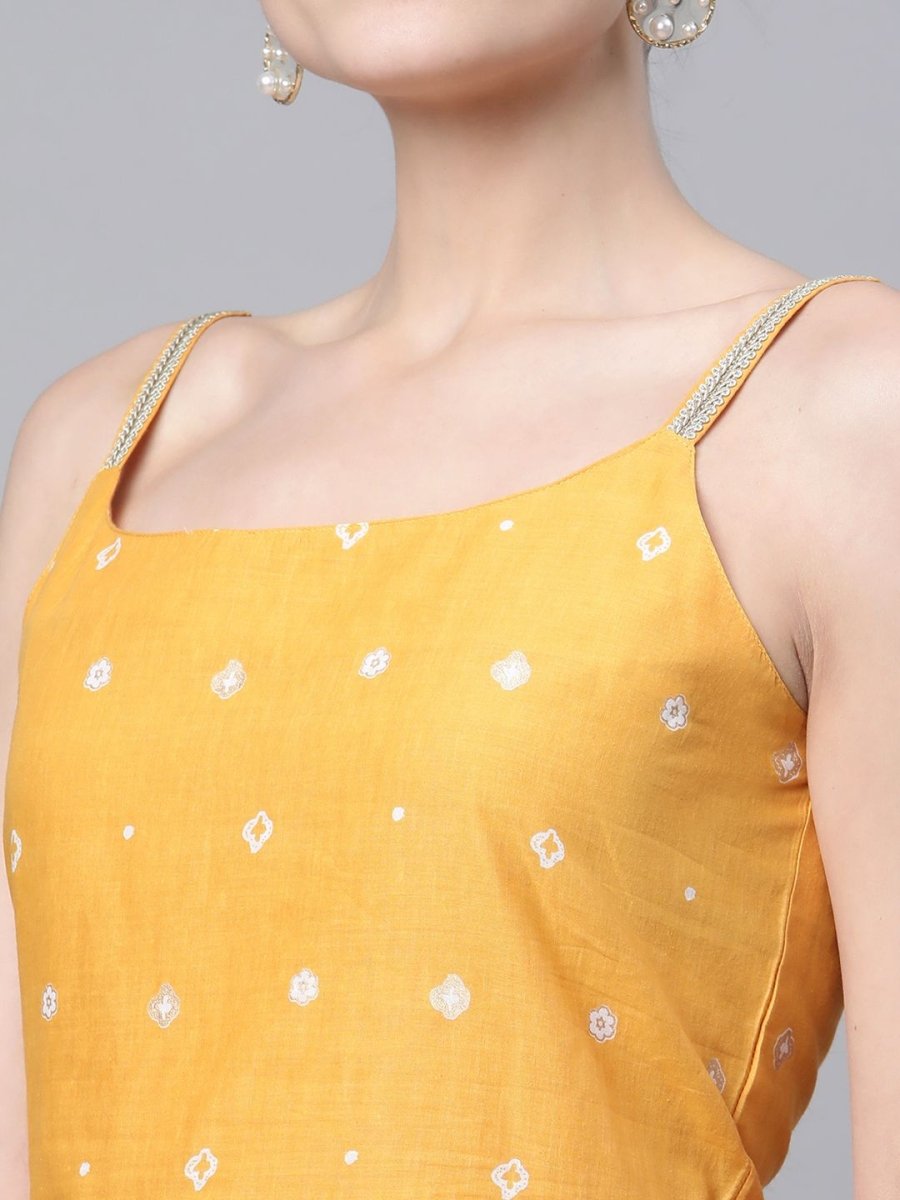 Ahalyaa Women Mustard Pure Cotton Porcian Print Shoulder Straps Tunic | Swadesiicart