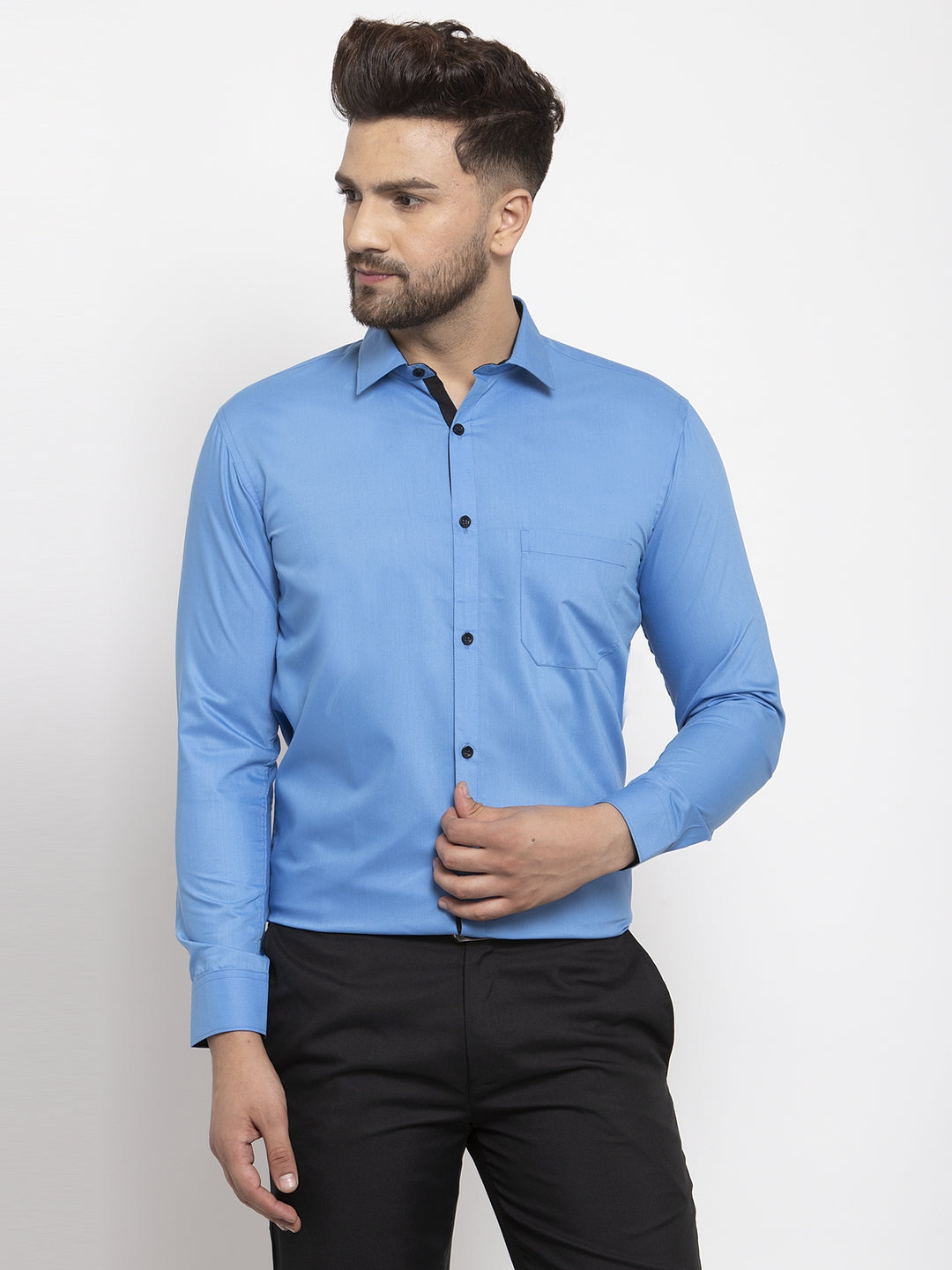 Jainish Light Blue Formal Shirt with black detailing ( SF 411Light-Blue ) | Swadesiicart