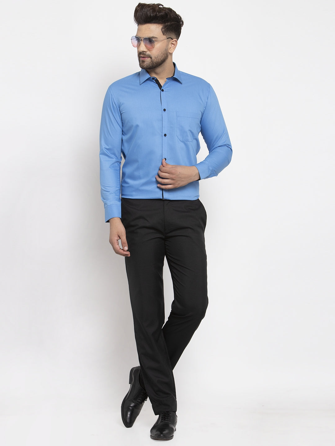 Jainish Light Blue Formal Shirt with black detailing ( SF 411Light-Blue ) | Swadesiicart