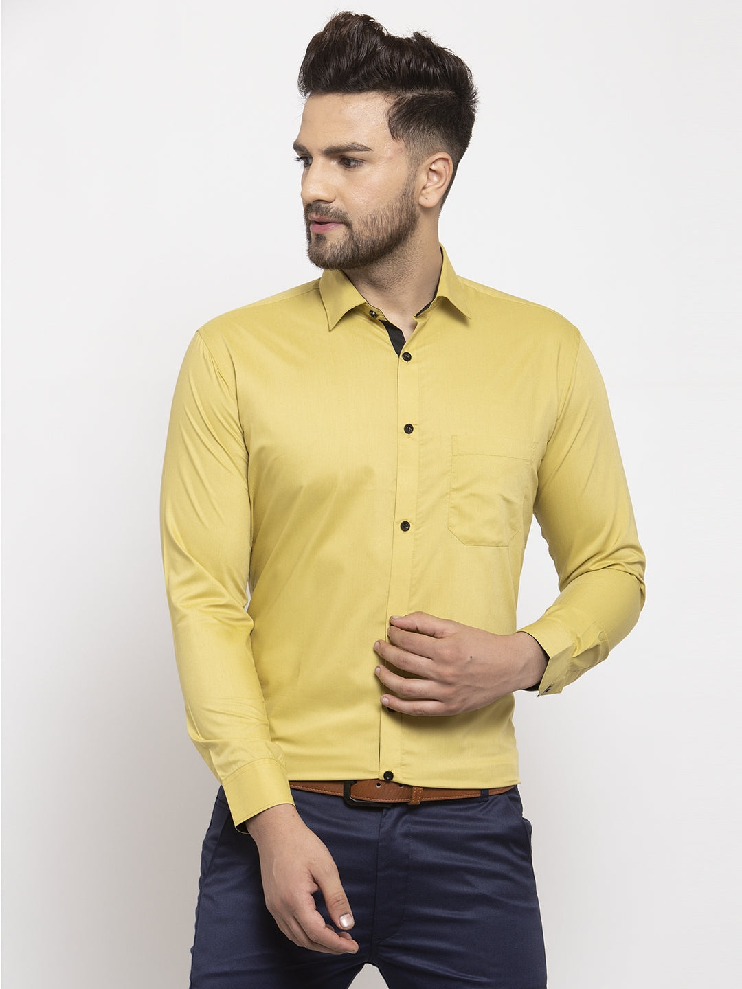 Jainish Lime Yellow Formal Shirt with black detailing | Swadesiicart