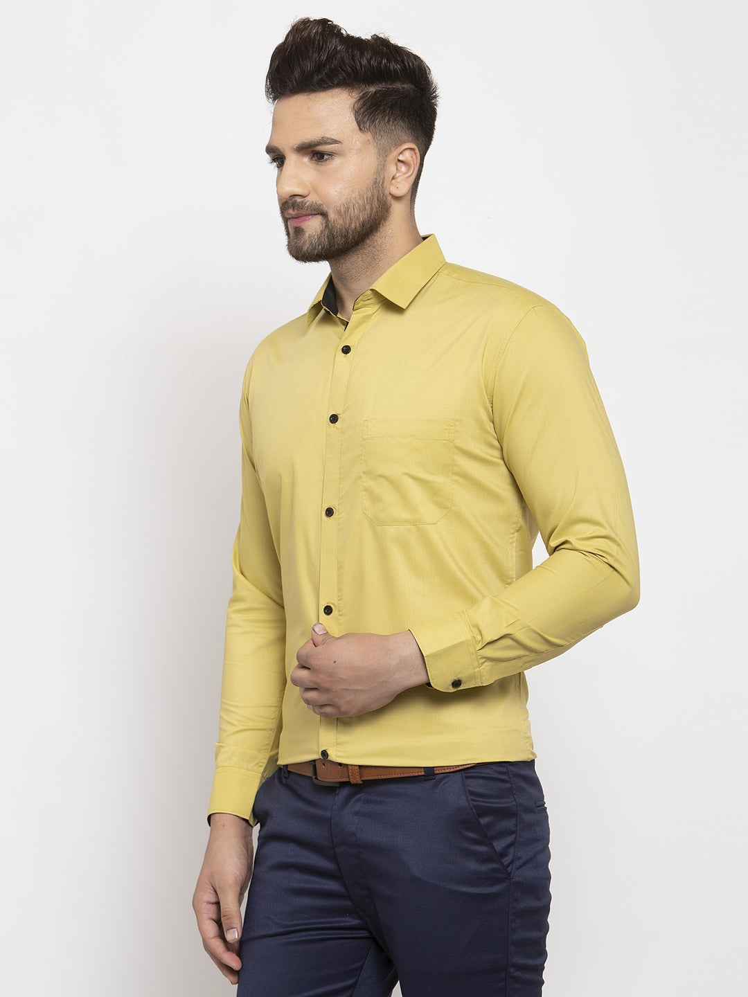 Jainish Lime Yellow Formal Shirt with black detailing | Swadesiicart