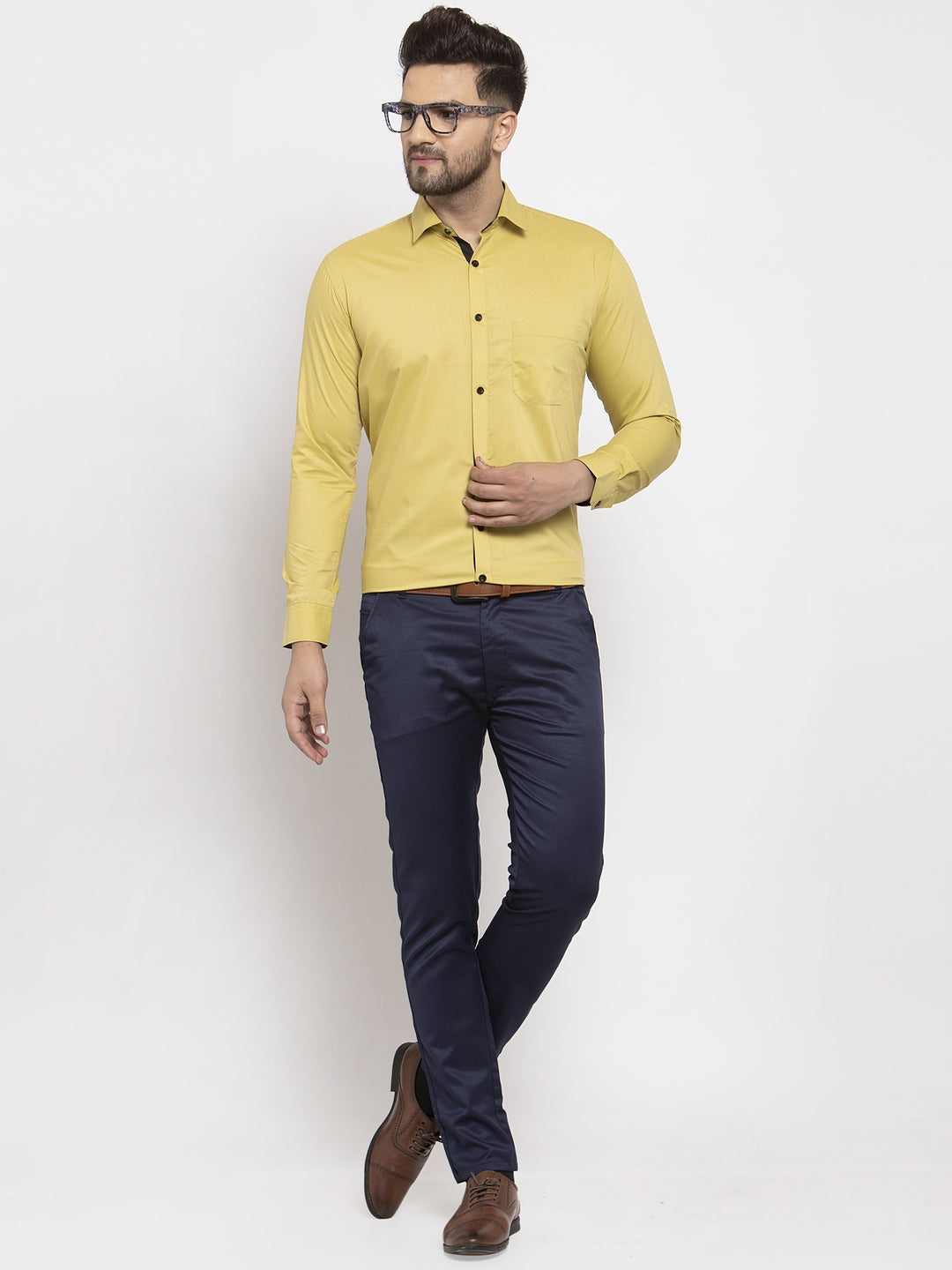 Jainish Lime Yellow Formal Shirt with black detailing | Swadesiicart