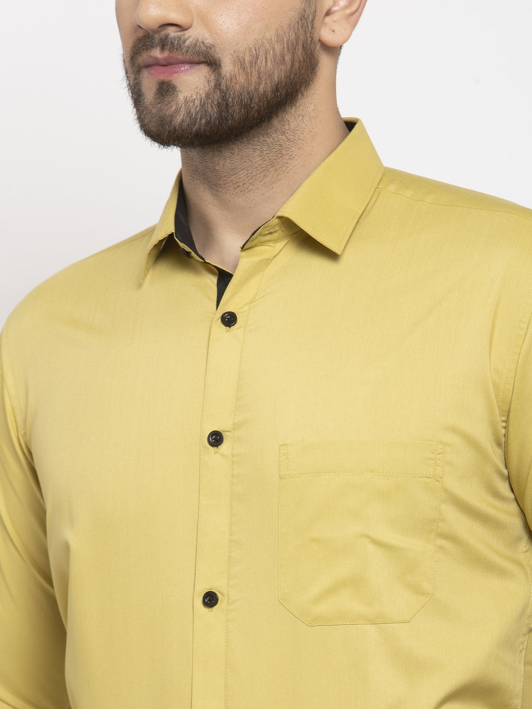 Jainish Lime Yellow Formal Shirt with black detailing | Swadesiicart
