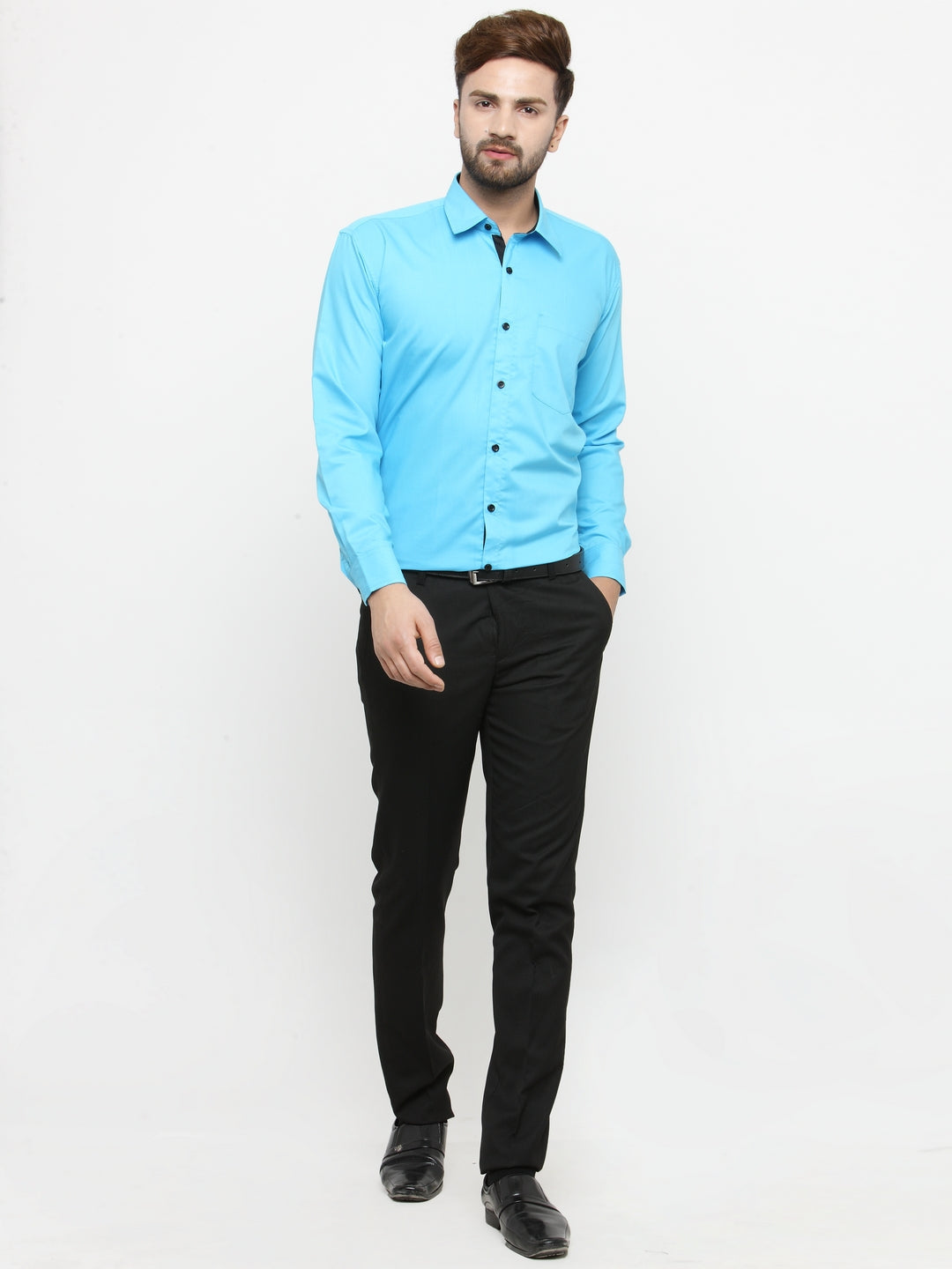 Jainish Sky Blue Formal Shirt with black detailing ( SF 411Sky ) | Swadesiicart