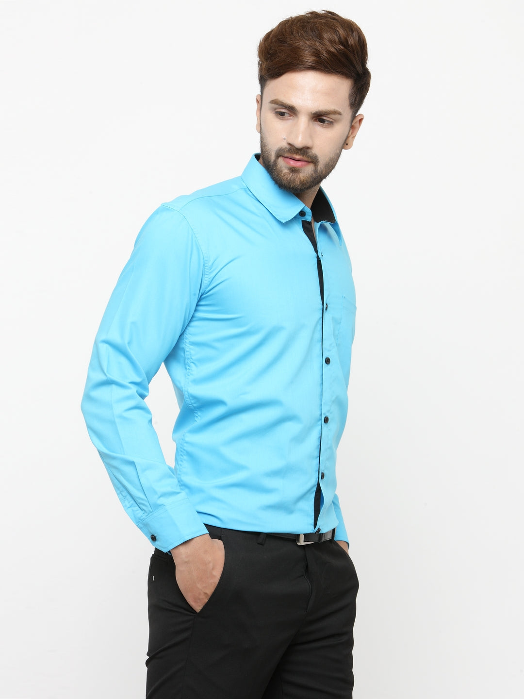 Jainish Sky Blue Formal Shirt with black detailing ( SF 411Sky ) | Swadesiicart