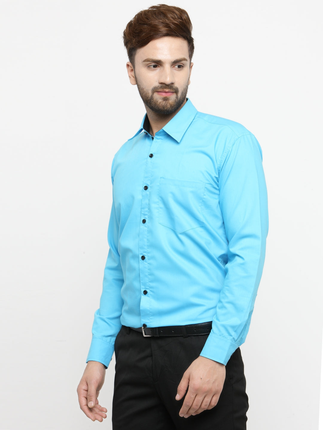 Jainish Sky Blue Formal Shirt with black detailing ( SF 411Sky ) | Swadesiicart
