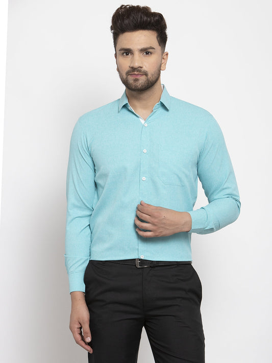 Jainish Aqua Blue Formal Shirt with white detailing ( SF 419Aqua ) | Swadesiicart