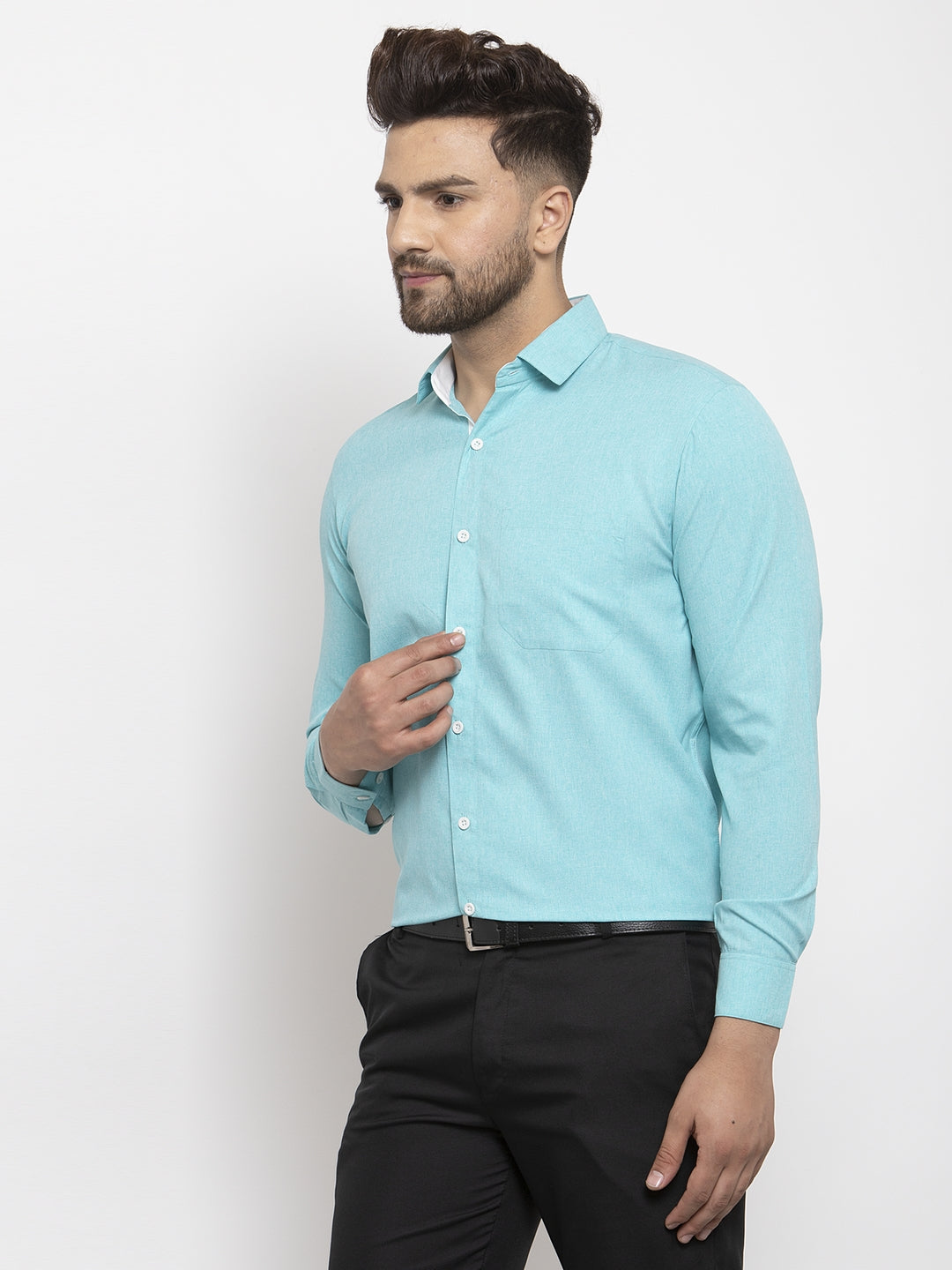 Jainish Aqua Blue Formal Shirt with white detailing ( SF 419Aqua ) | Swadesiicart
