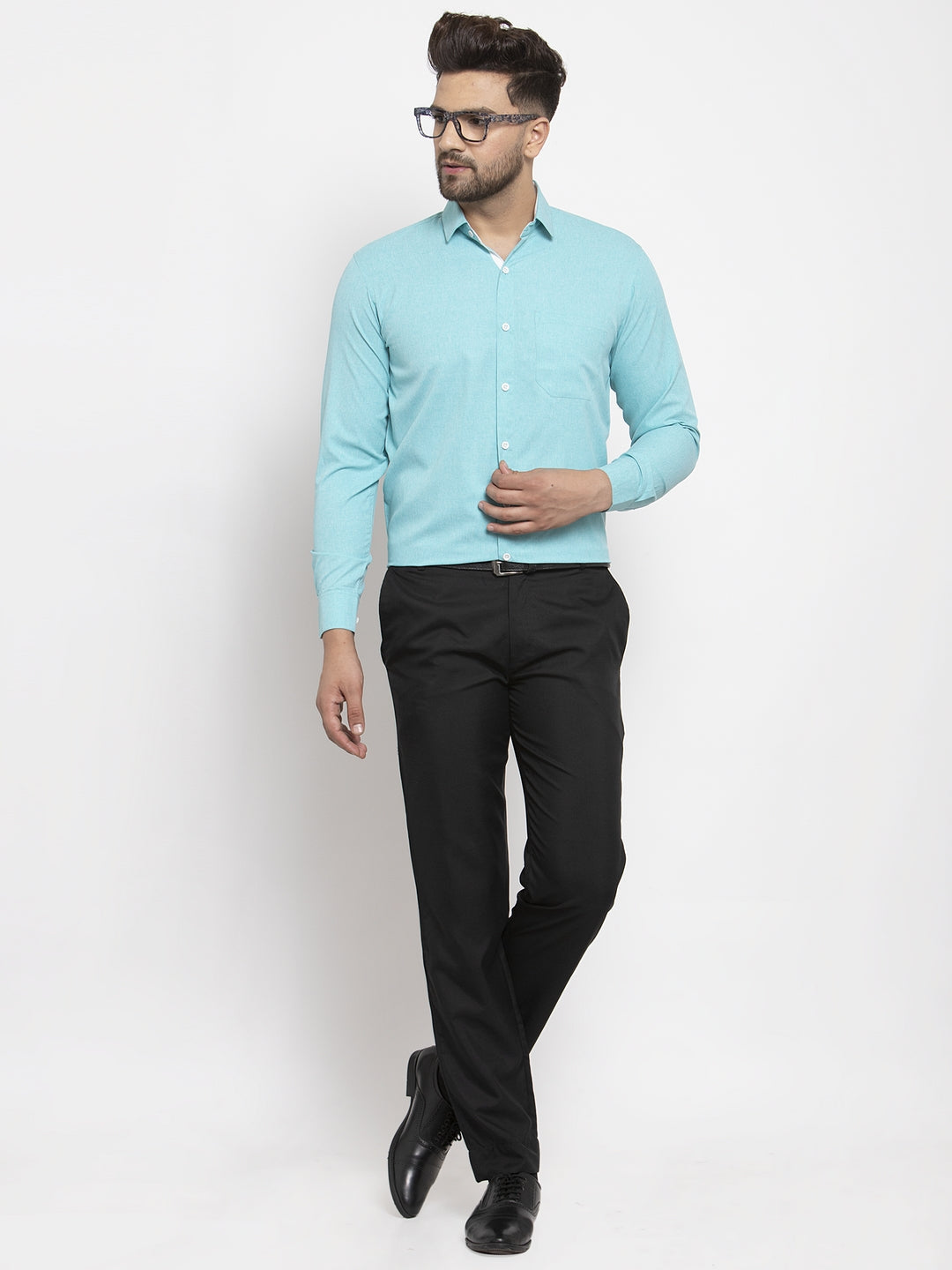 Jainish Aqua Blue Formal Shirt with white detailing ( SF 419Aqua ) | Swadesiicart