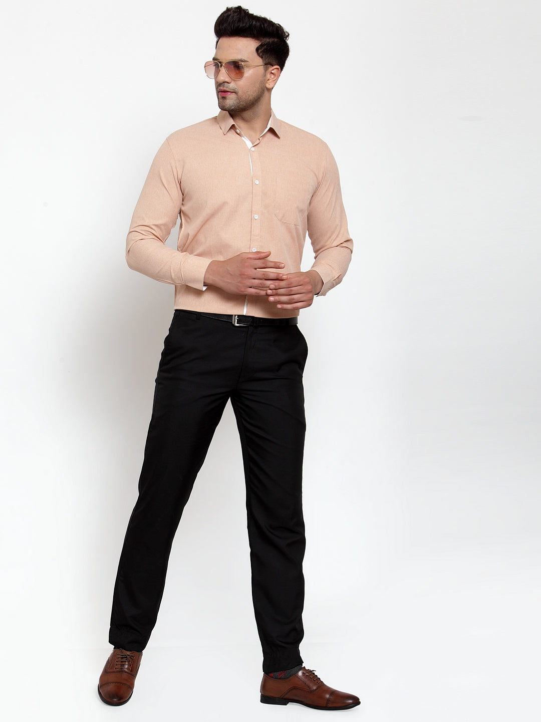 Jainish Light-Brown Formal Shirt with white detailing ( SF 419Light-Brown ) | Swadesiicart