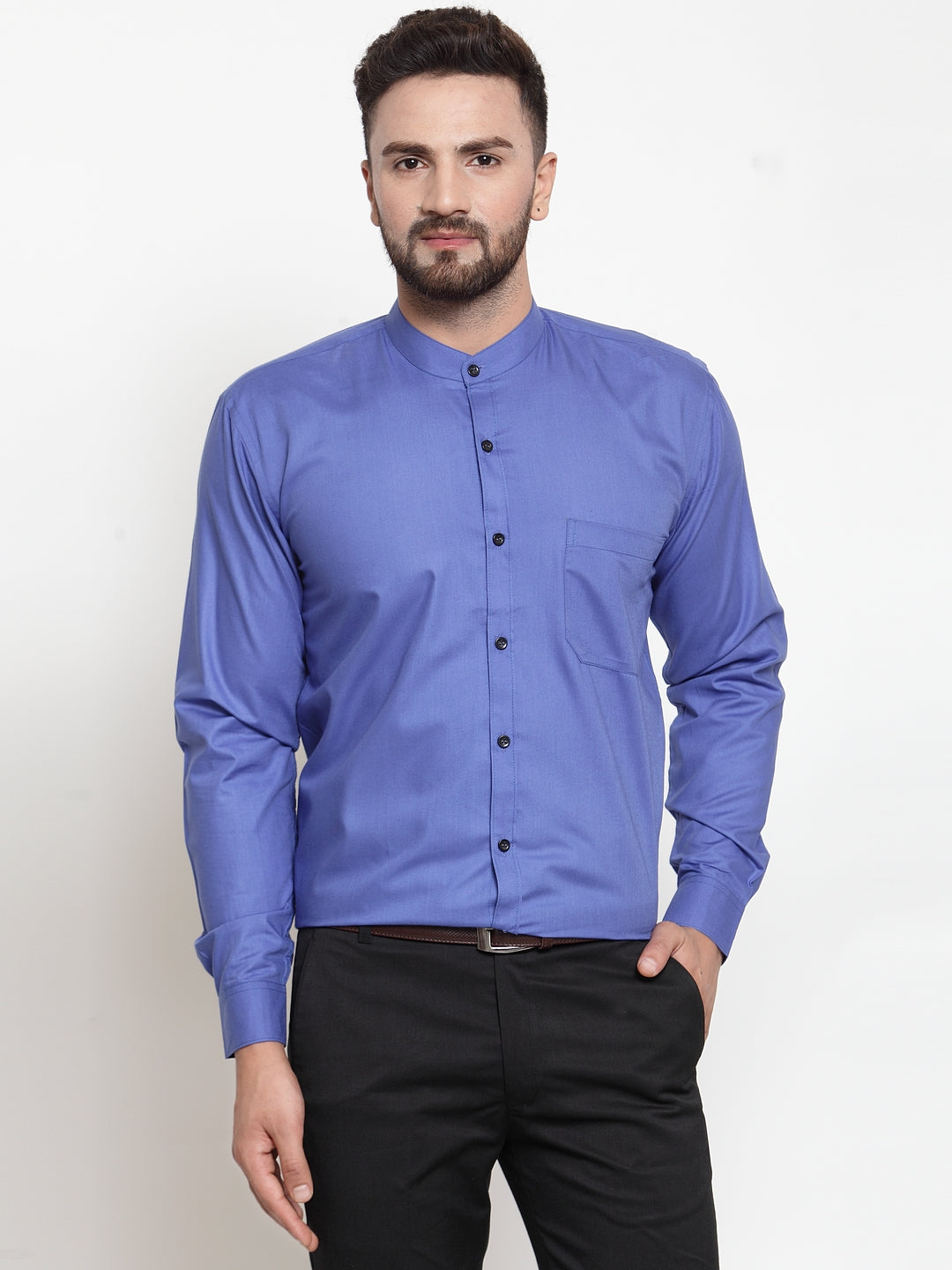 Jainish Blue Men's Cotton Solid Mandarin Collar Formal Shirts ( SF 726Royal-Blue ) | Swadesiicart