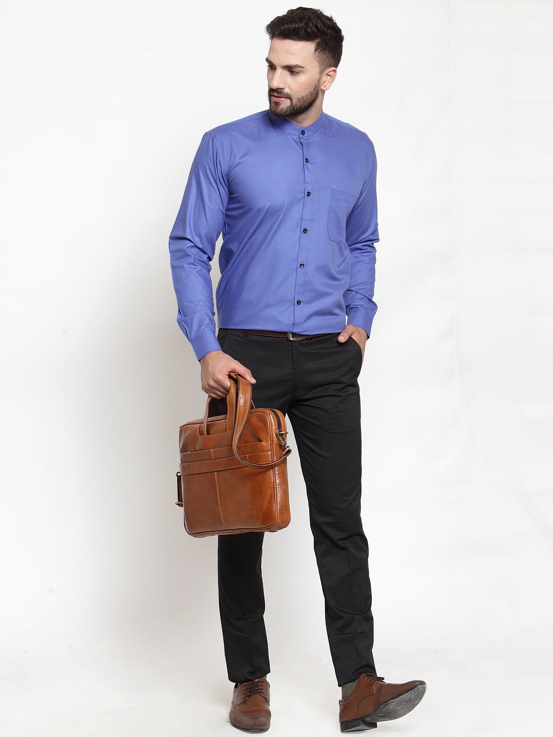 Jainish Blue Men's Cotton Solid Mandarin Collar Formal Shirts ( SF 726Royal-Blue ) | Swadesiicart