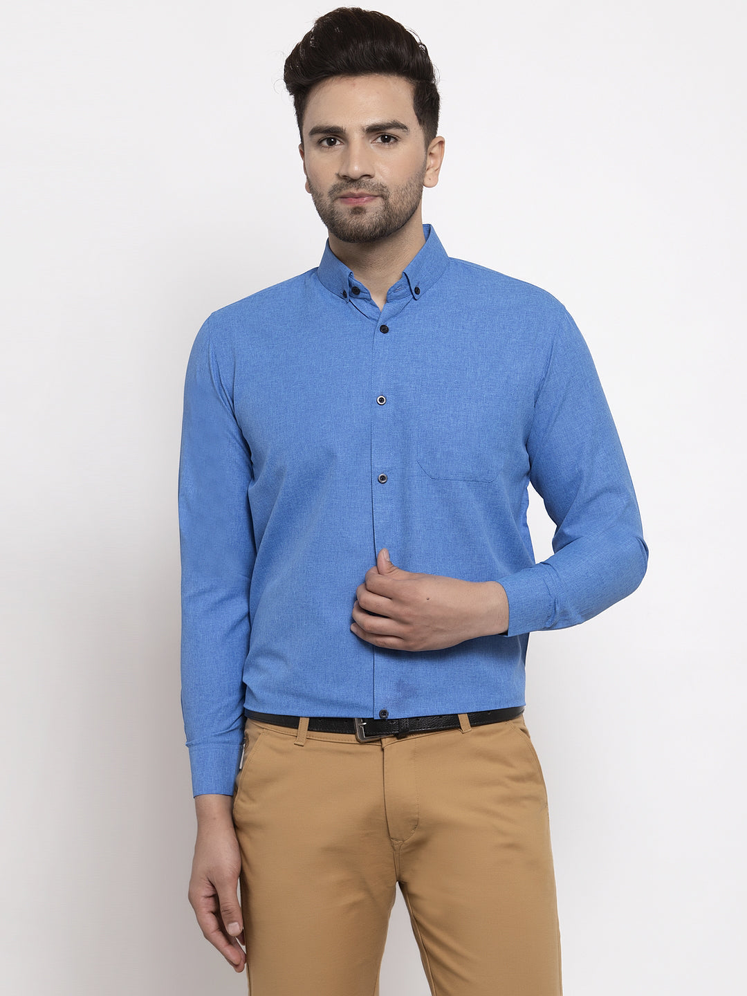Jainish Blue Men's Cotton Solid Button Down Formal Shirts ( SF 734Blue ) | Swadesiicart