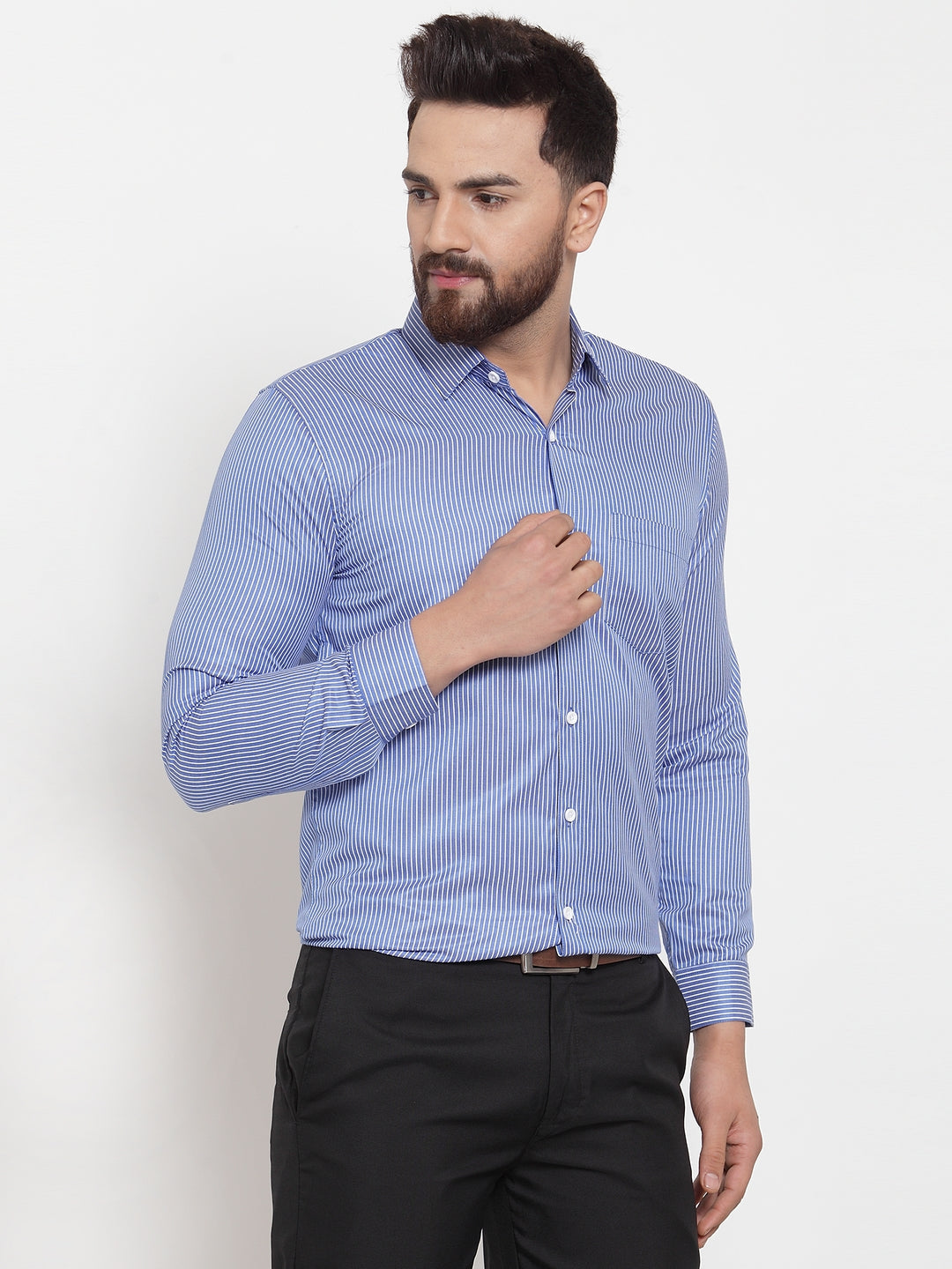 Jainish Blue Men's Cotton Stiped Formal Shirts ( SF 737Blue ) | Swadesiicart