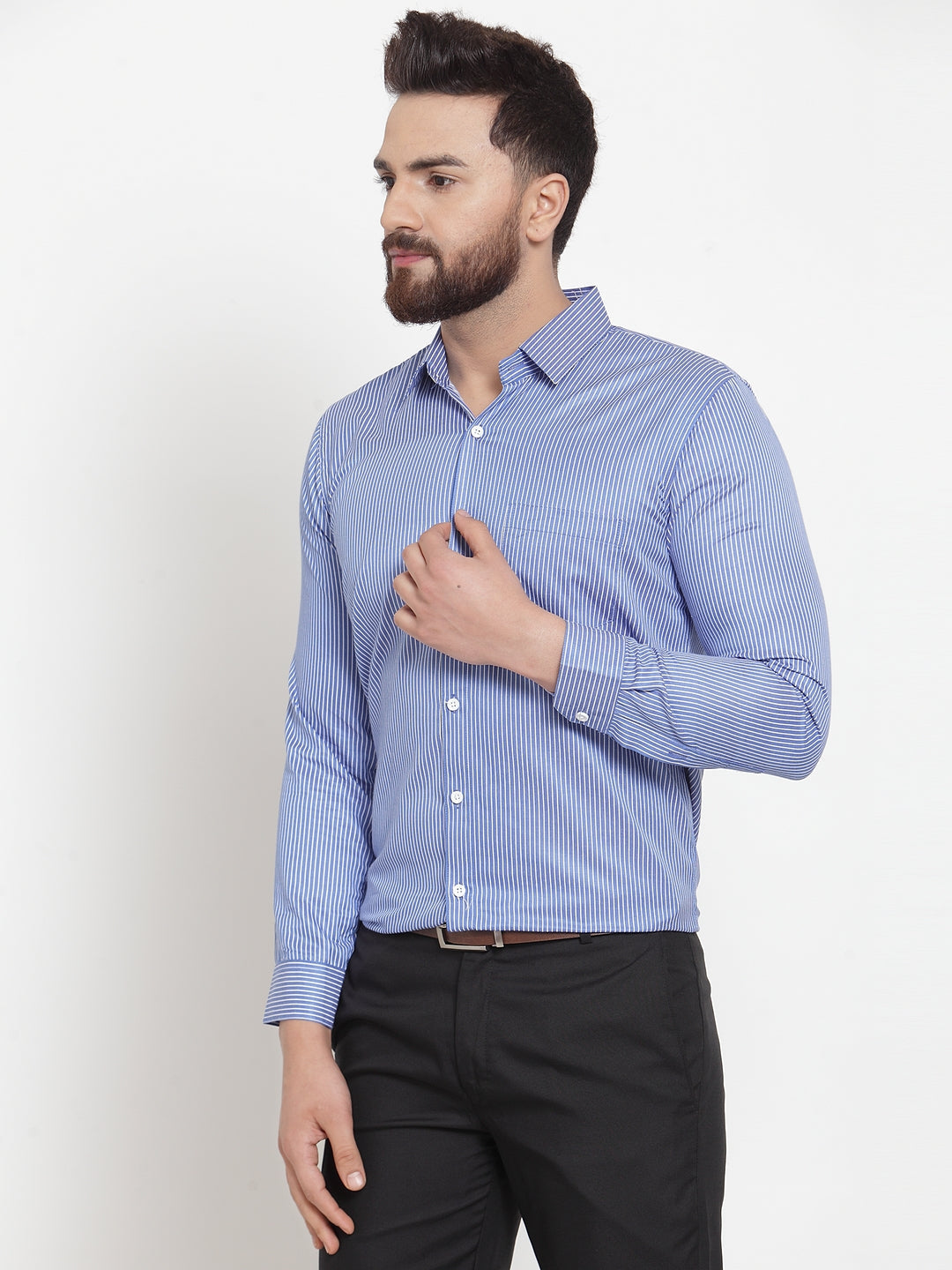 Jainish Blue Men's Cotton Stiped Formal Shirts ( SF 737Blue ) | Swadesiicart