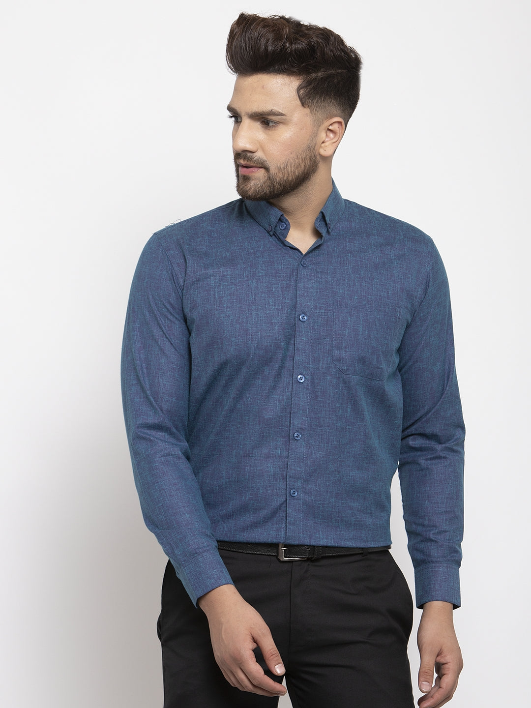 Jainish Blue Men's Cotton Solid Button Down Formal Shirts ( SF 753Teal ) | Swadesiicart