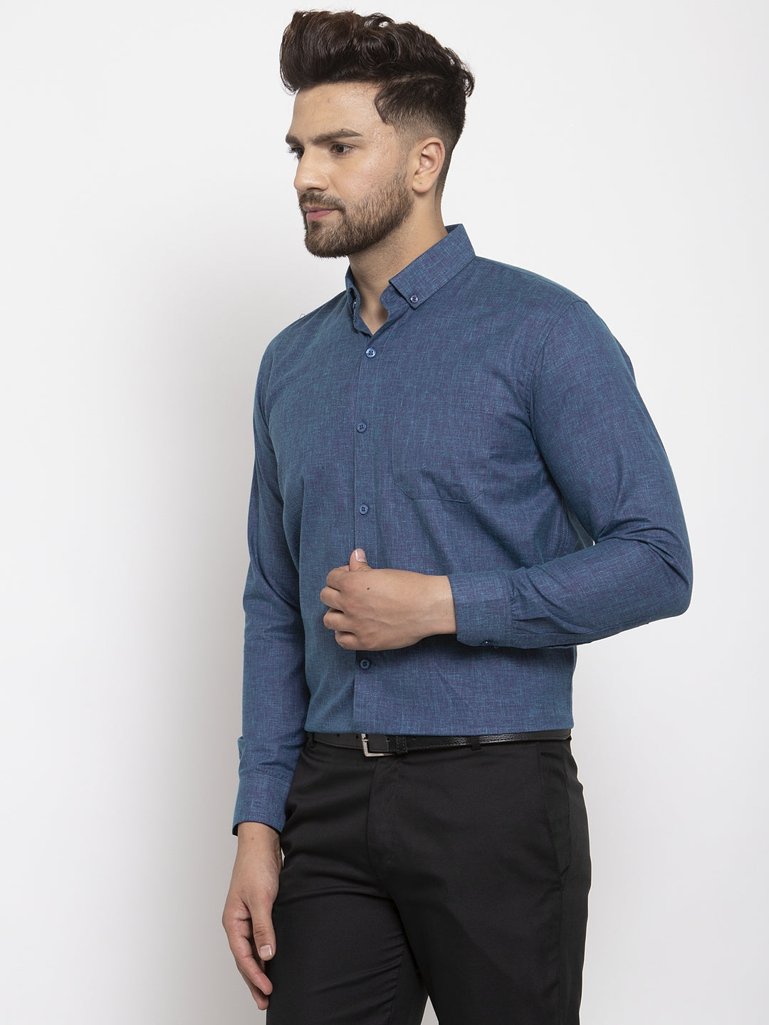 Jainish Blue Men's Cotton Solid Button Down Formal Shirts ( SF 753Teal ) | Swadesiicart