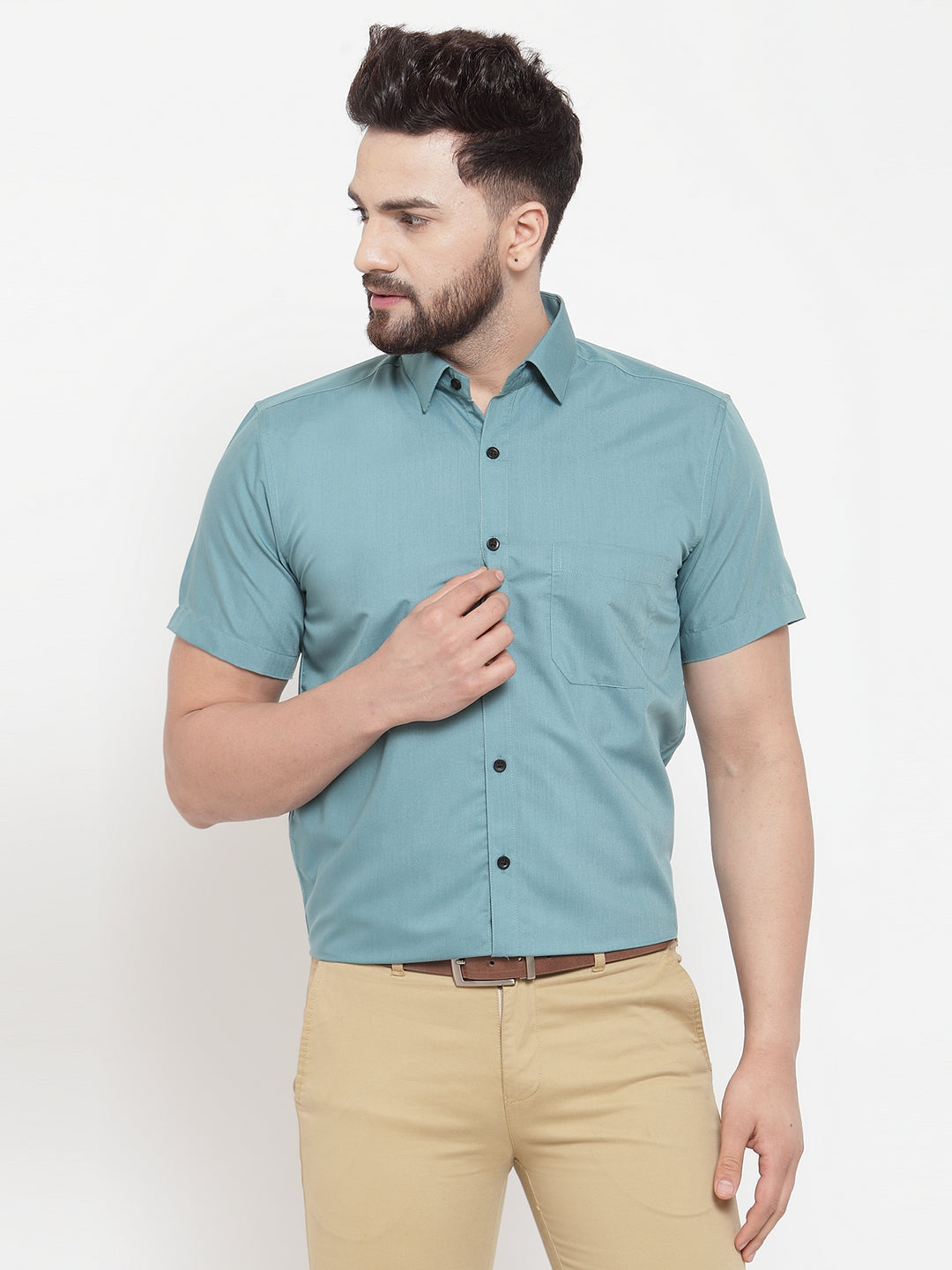 Jainish Green Men's Cotton Half Sleeves Solid Formal Shirts ( SF 754Aqua ) | Swadesiicart
