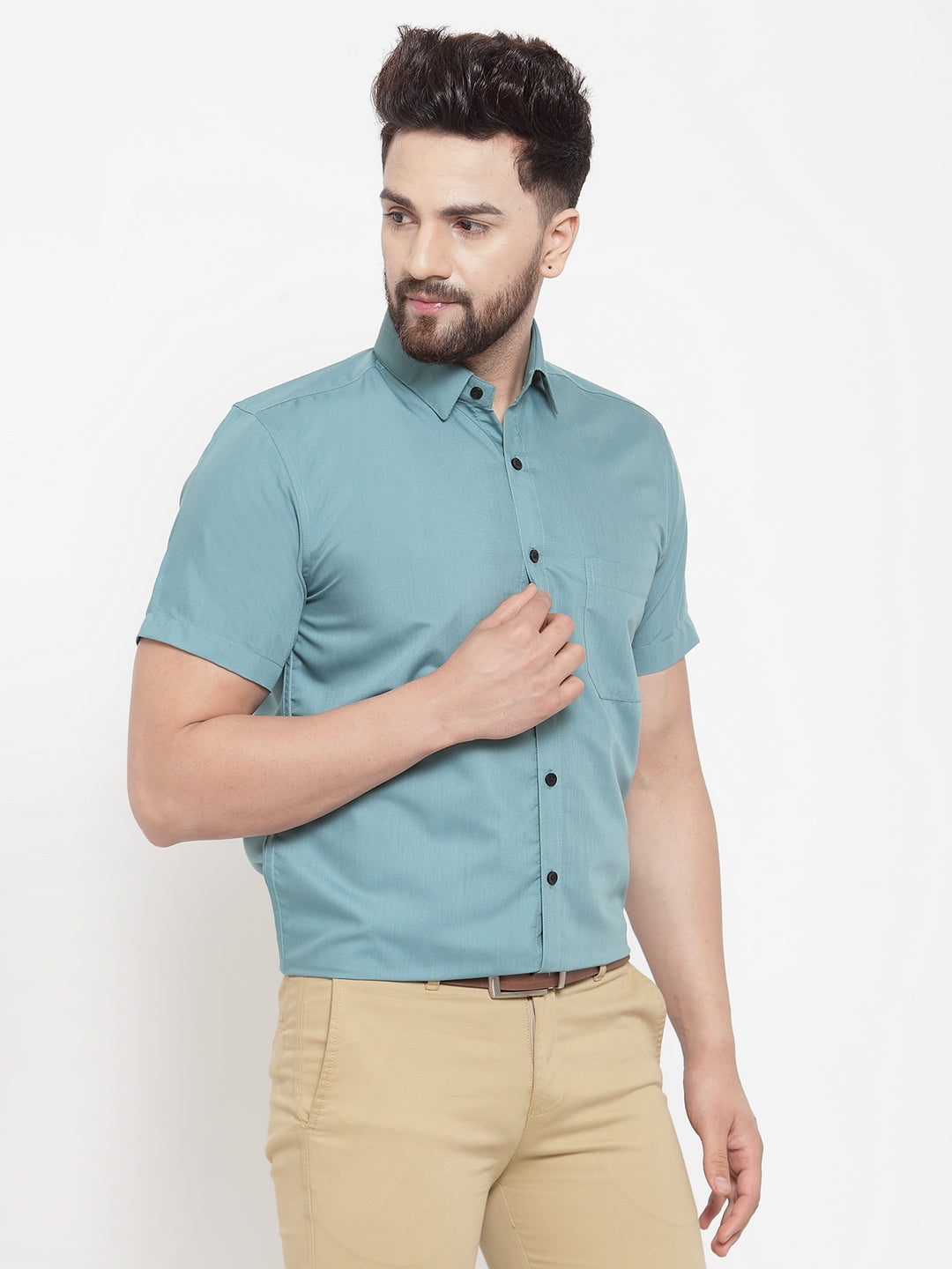 Jainish Green Men's Cotton Half Sleeves Solid Formal Shirts ( SF 754Aqua ) | Swadesiicart