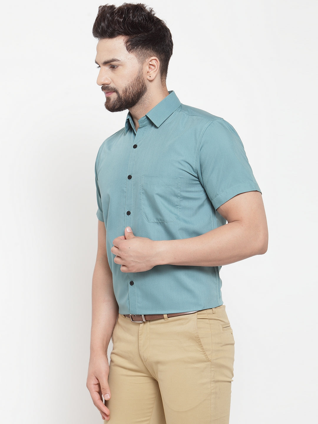 Jainish Green Men's Cotton Half Sleeves Solid Formal Shirts ( SF 754Aqua ) | Swadesiicart