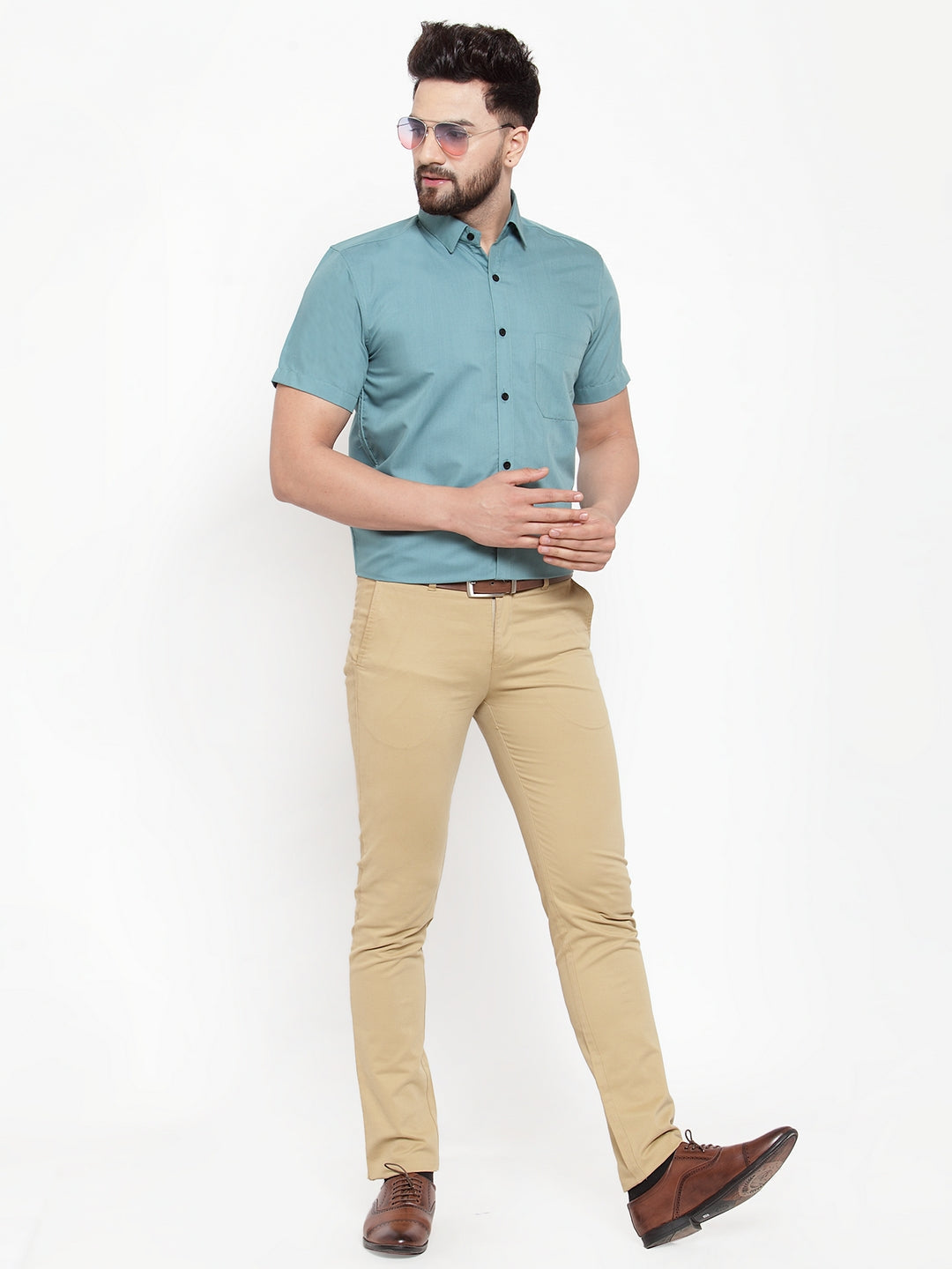 Jainish Green Men's Cotton Half Sleeves Solid Formal Shirts ( SF 754Aqua ) | Swadesiicart