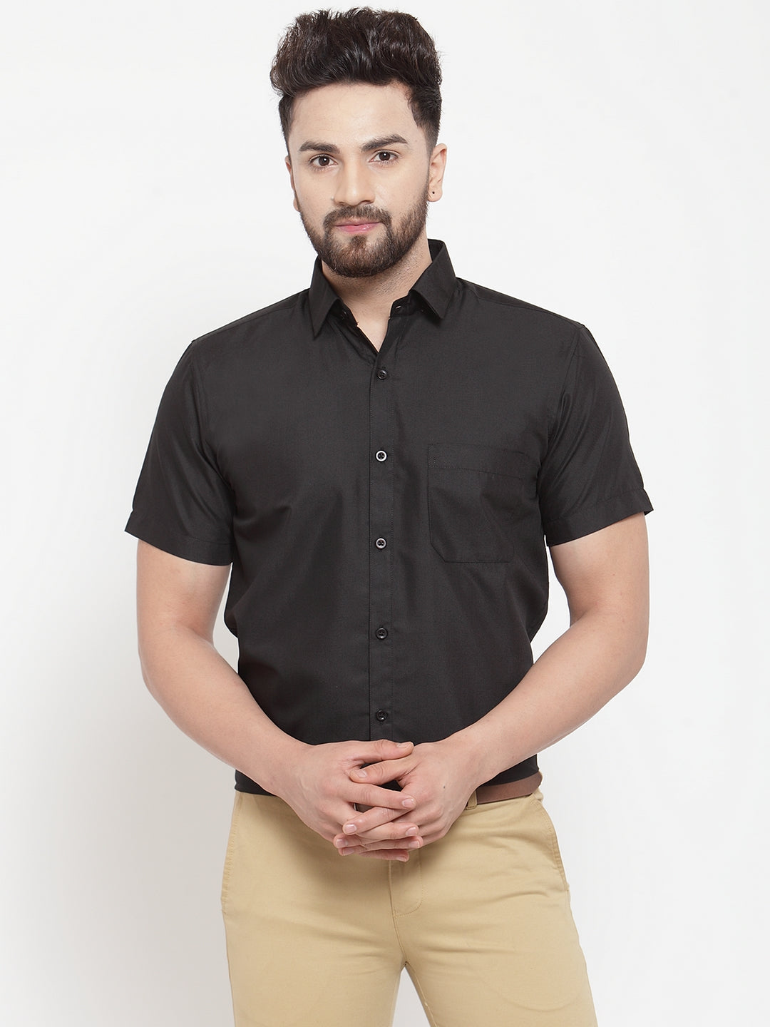 Jainish Black Men's Cotton Half Sleeves Solid Formal Shirts ( SF 754Black ) | Swadesiicart