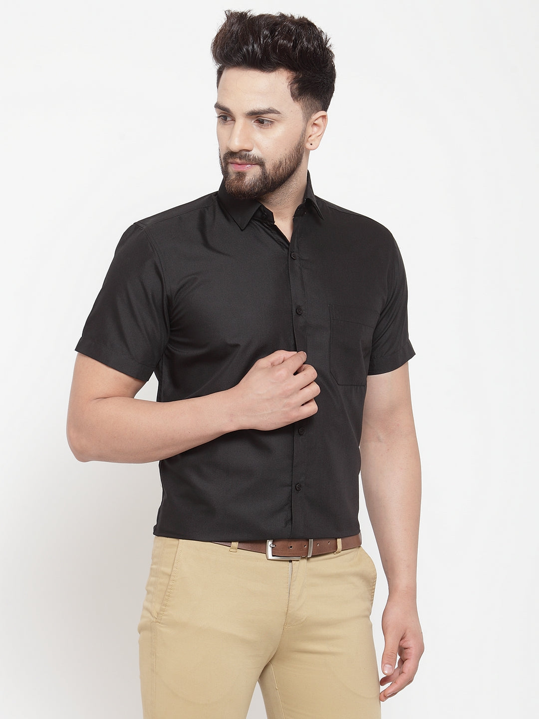 Jainish Black Men's Cotton Half Sleeves Solid Formal Shirts ( SF 754Black ) | Swadesiicart