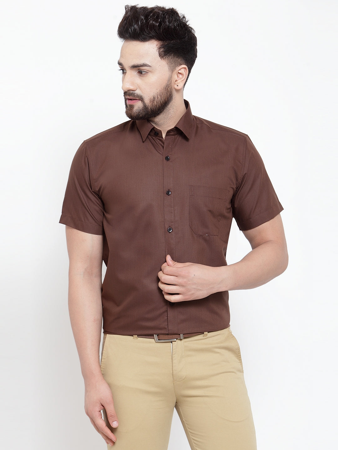 Jainish Brown Men's Cotton Half Sleeves Solid Formal Shirts ( SF 754Coffee ) | Swadesiicart