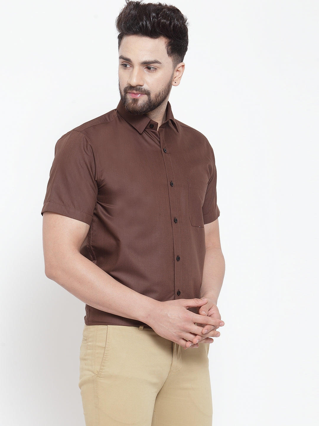 Jainish Brown Men's Cotton Half Sleeves Solid Formal Shirts ( SF 754Coffee ) | Swadesiicart