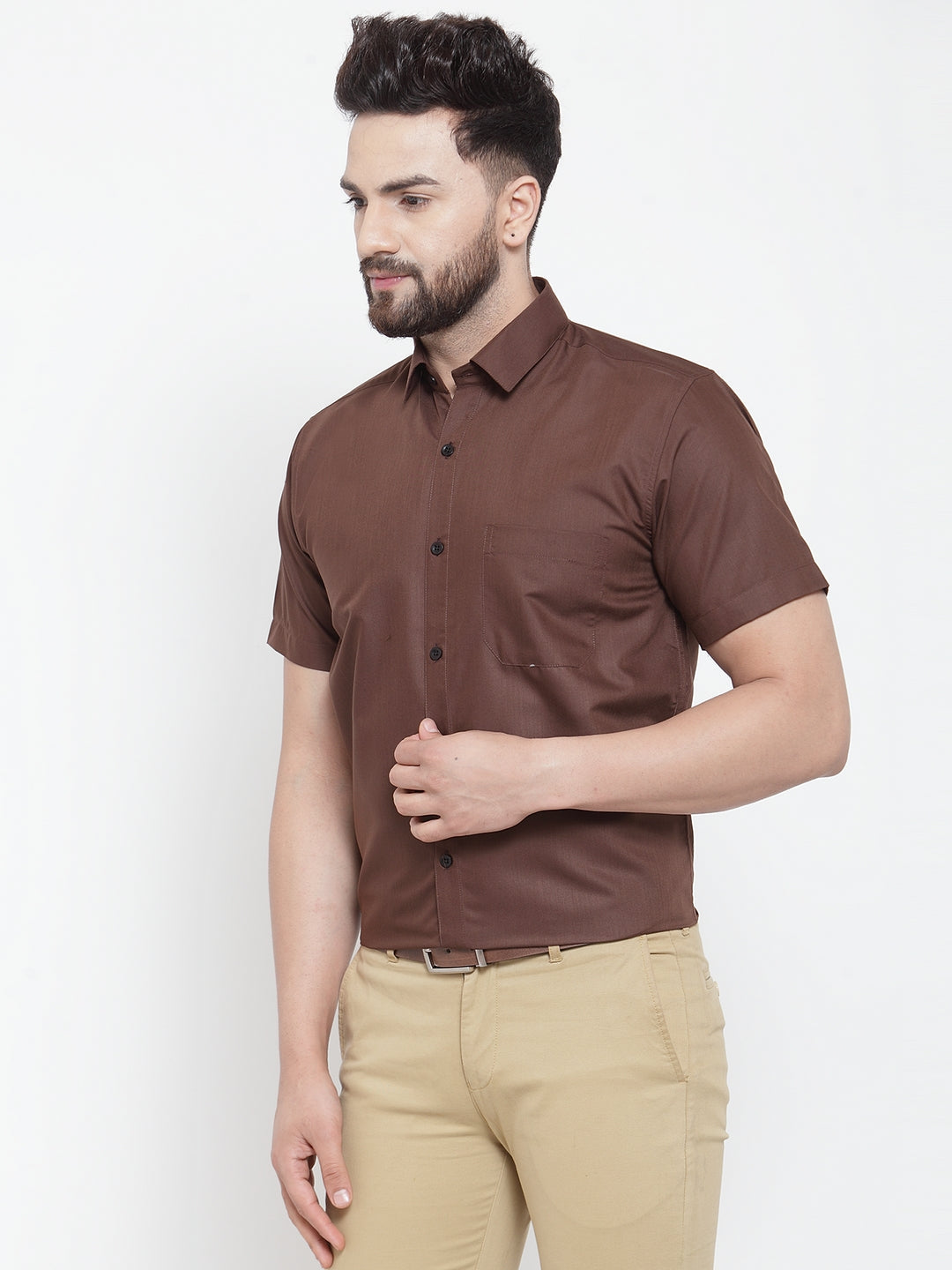 Jainish Brown Men's Cotton Half Sleeves Solid Formal Shirts ( SF 754Coffee ) | Swadesiicart