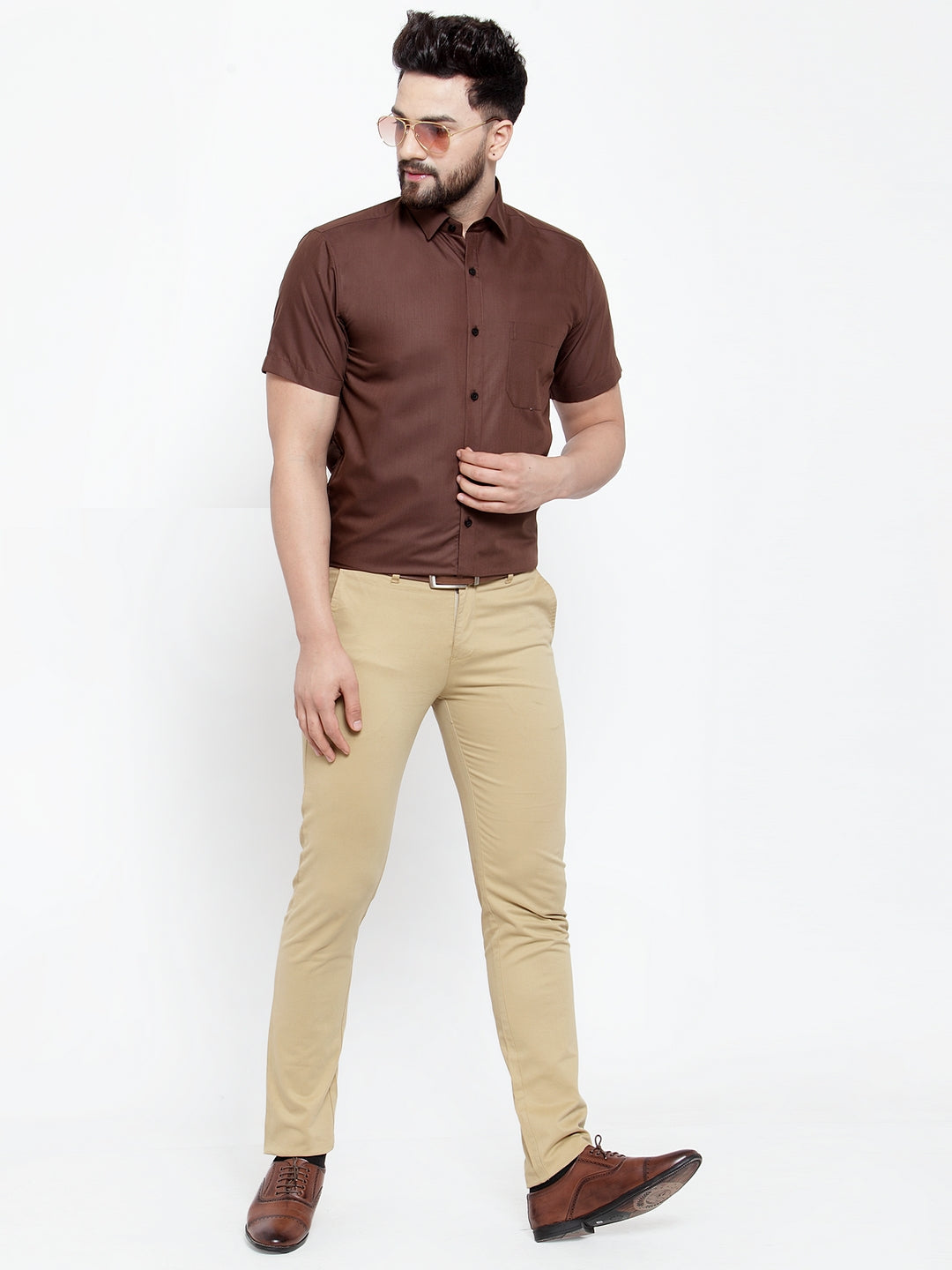 Jainish Brown Men's Cotton Half Sleeves Solid Formal Shirts ( SF 754Coffee ) | Swadesiicart