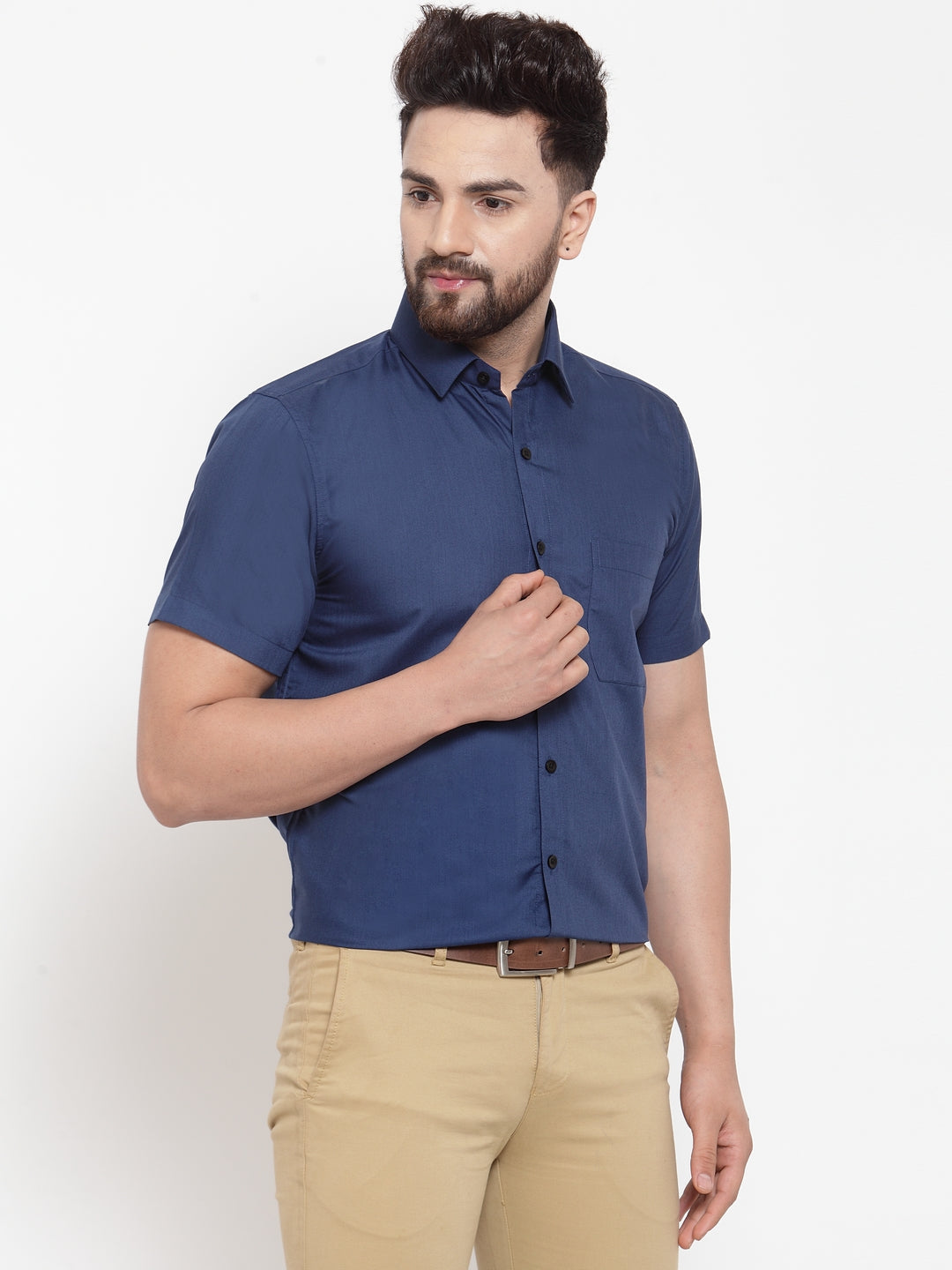 Jainish Blue Men's Cotton Half Sleeves Solid Formal Shirts ( SF 754Peacock ) | Swadesiicart
