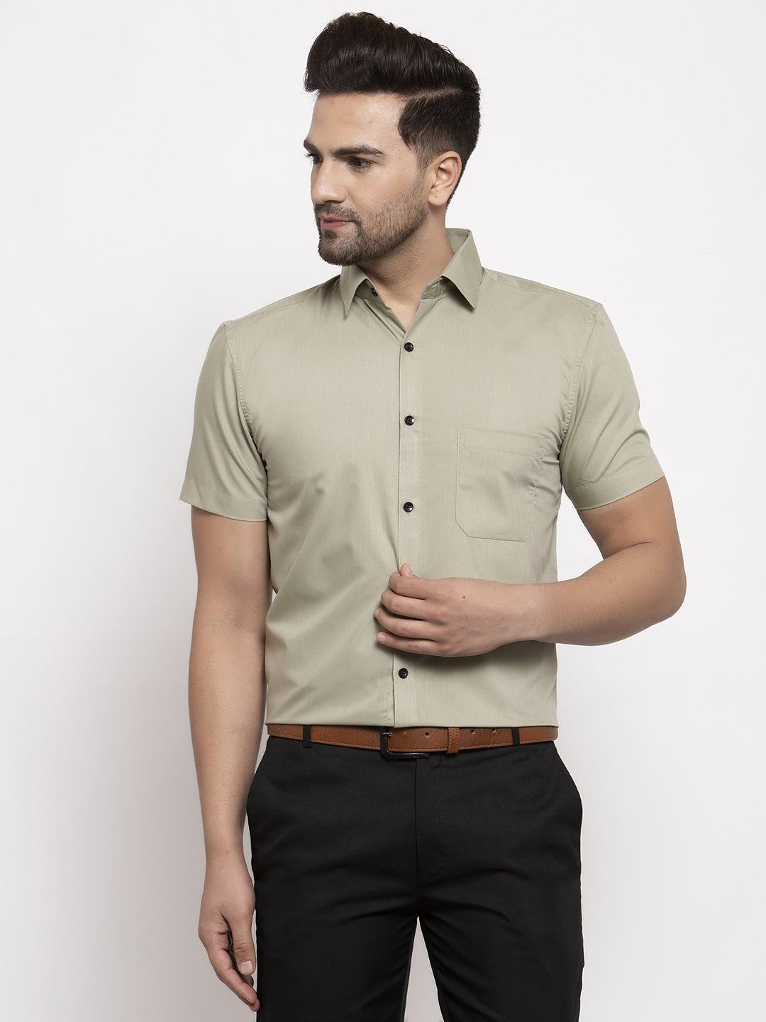 Jainish Green Men's Cotton Half Sleeves Solid Formal Shirts ( SF 754Pista ) | Swadesiicart