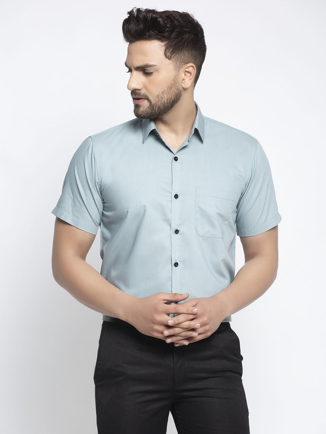 Jainish Green Men's Cotton Half Sleeves Solid Formal Shirts ( SF 754Sea-Green ) | Swadesiicart