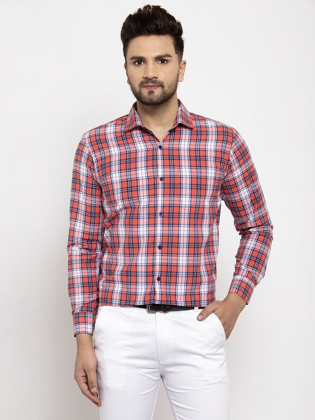 Jainish Red Men's Cotton Checked Formal Shirt | Swadesiicart