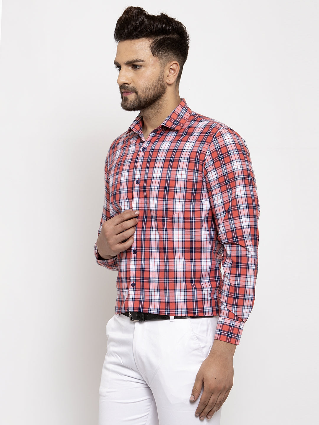 Jainish Red Men's Cotton Checked Formal Shirt | Swadesiicart