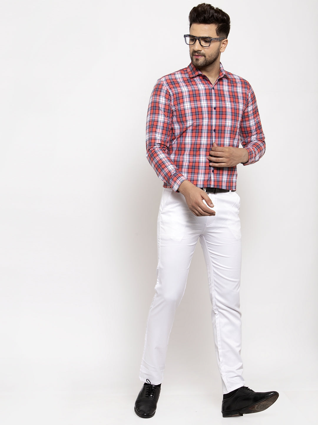 Jainish Red Men's Cotton Checked Formal Shirt | Swadesiicart