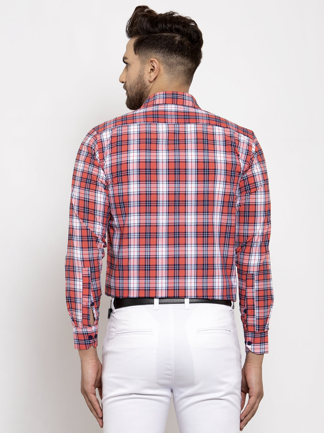 Jainish Red Men's Cotton Checked Formal Shirt | Swadesiicart