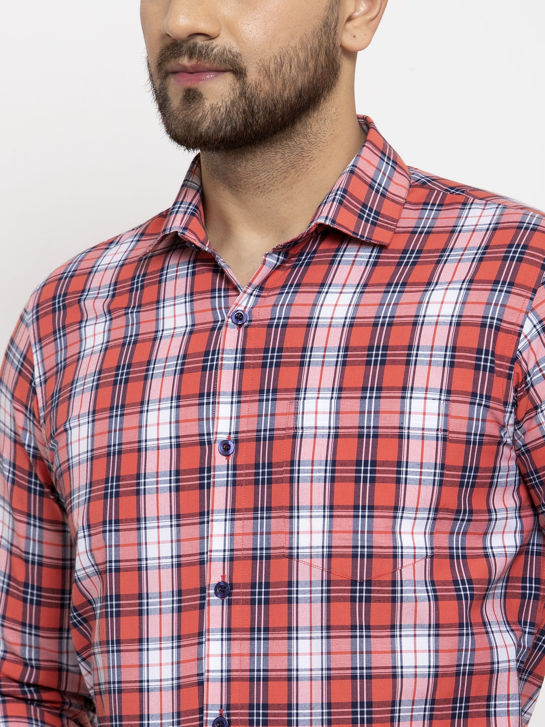 Jainish Red Men's Cotton Checked Formal Shirt | Swadesiicart