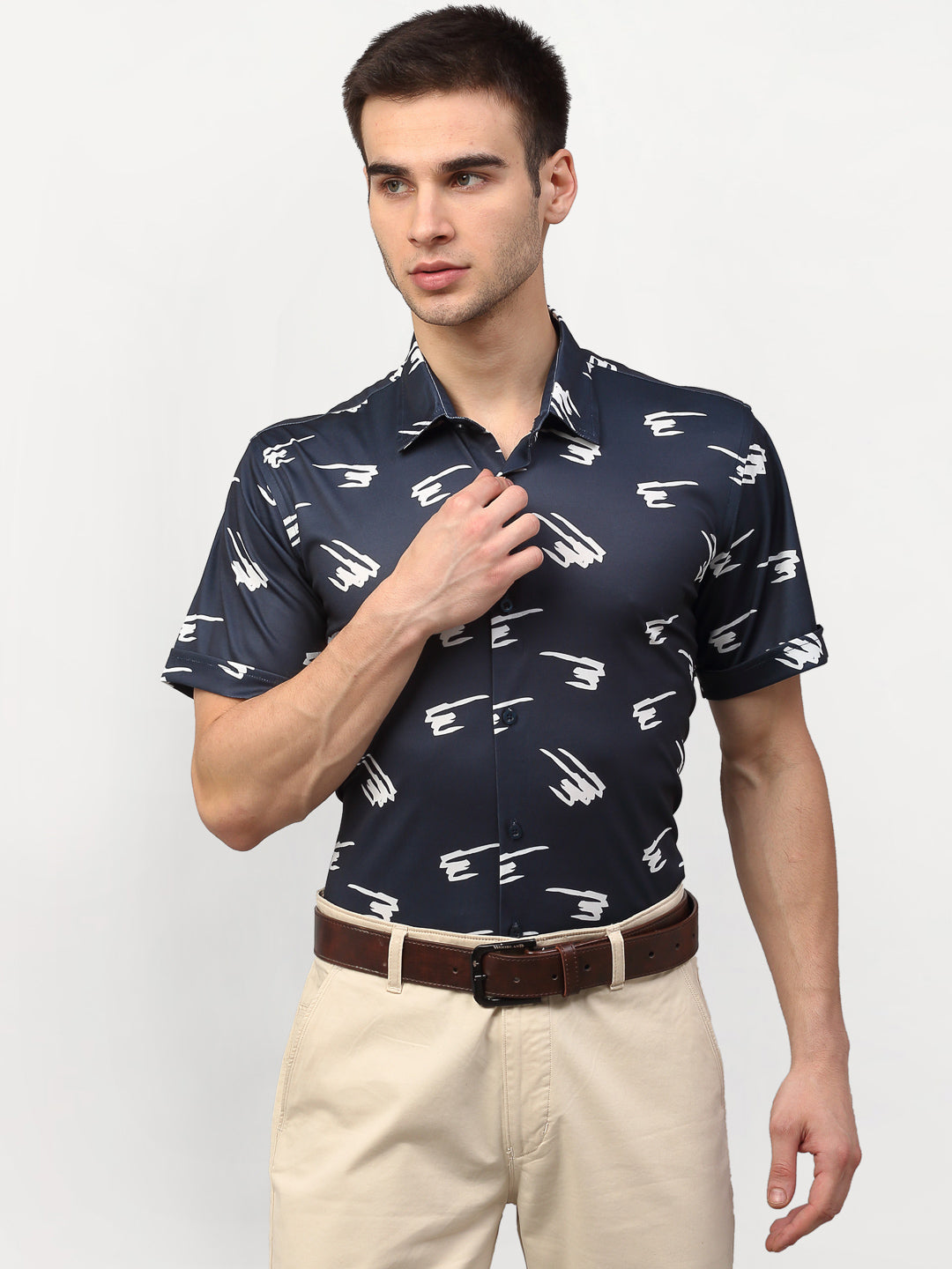 Jainish Navy Blue Men's Printed Lycra Half Sleevess Formal Shirts ( SF 778Navy ) | Swadesiicart