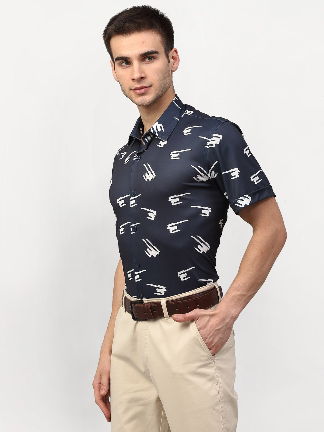 Jainish Navy Blue Men's Printed Lycra Half Sleevess Formal Shirts ( SF 778Navy ) | Swadesiicart