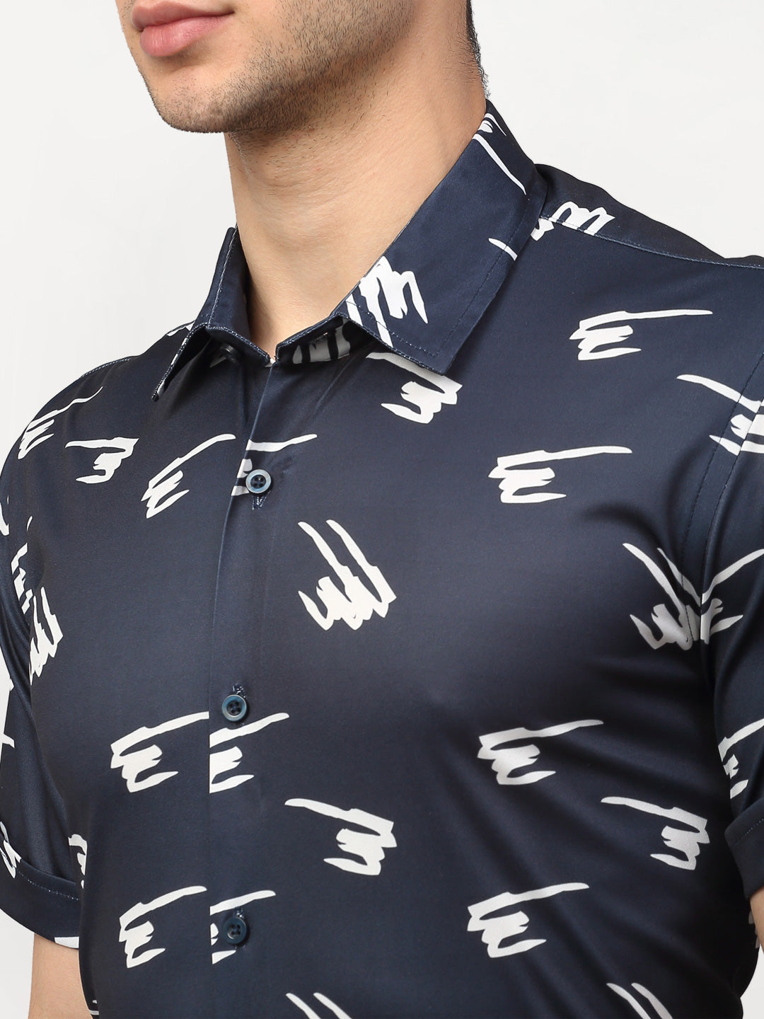 Jainish Navy Blue Men's Printed Lycra Half Sleevess Formal Shirts ( SF 778Navy ) | Swadesiicart