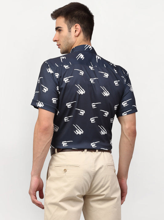 Jainish Navy Blue Men's Printed Lycra Half Sleevess Formal Shirts ( SF 778Navy ) | Swadesiicart