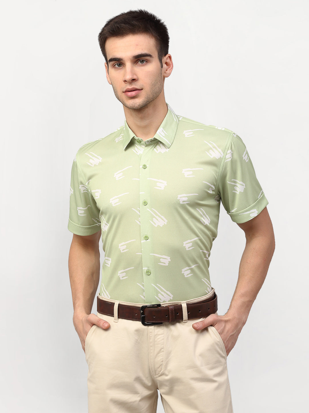 Jainish Green Men's Printed Lycra Half Sleevess Formal Shirts ( SF 778Pista ) | Swadesiicart
