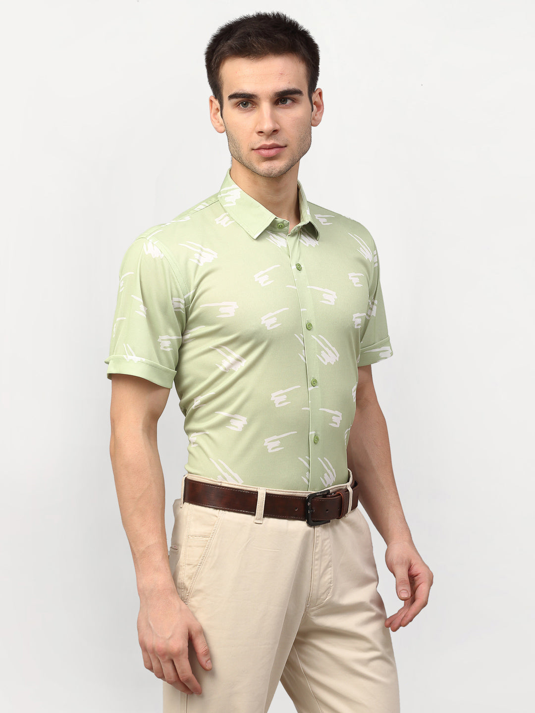 Jainish Green Men's Printed Lycra Half Sleevess Formal Shirts ( SF 778Pista ) | Swadesiicart
