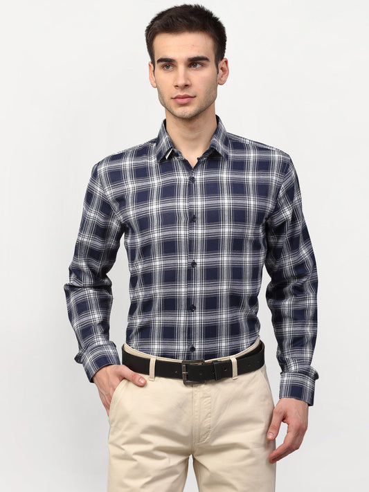 Jainish Navy Blue Men's Checked Formal Shirts ( SF 779Navy ) | Swadesiicart